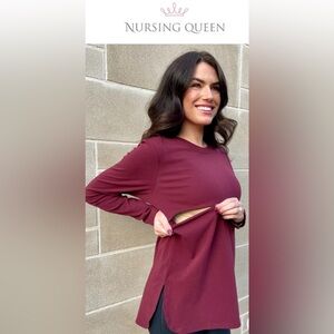 Cute Moms Nursing Baby Blouse Top Burgundy Tunic with Front Zipper to Breastfeed